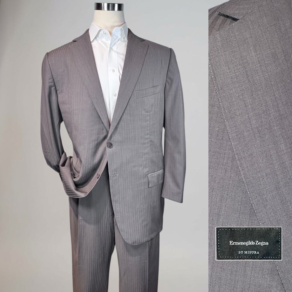 Ermenegildo Zegna Su Misura 48x50L 43x32 ROM Taupe Brown Tonal Stripe Suit